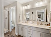 Thumbnail 7 of 45 - Bright apartment bathroom at Mural Lewis Center featuring dual sink vanity, white cabinetry, large mirror, modern lighting fixtures, and wood-style flooring