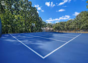 Thumbnail 107 of 107 - A tennis court surrounded by trees and a fence.