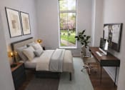 Thumbnail 7 of 22 - A bedroom with a bed, desk, and chair.