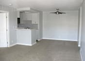Thumbnail 11 of 16 - Large empty living room with an open-concept kitchen. A chrome fan is in the middle.
