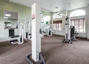 Thumbnail 2 of 10 - A gym with a variety of equipment including a squat rack.