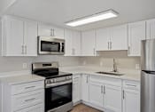 Thumbnail 12 of 22 - Modern kitchen with white cabinets and stainless steel appliances at Dash Apartments, Las Vegas, NV