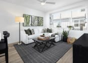 Thumbnail 18 of 35 - Living Room with Wood-Style Flooring, Area Rug, Sectional Couch, Coffee Table, Cabinet, TV, Ceiling Fan, Patio Door, and Large Window with Blinds at Solstice at Fiddyment Ranch, Roseville, CA, 95747