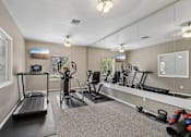 Thumbnail 26 of 30 - A well-equipped home gym with a treadmill, exercise bike, and other fitness equipment.
