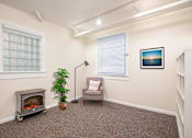 Thumbnail 20 of 36 - A living room with a grey couch, a plant, a fireplace, and a painting on the wall.at Palladian Apartments, Portland, 97201 ? 