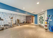 Thumbnail 28 of 39 - A gym with a blue wall and a variety of exercise equipment.
