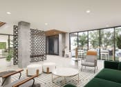 Thumbnail 1 of 33 - Pet-Friendly Apartments in Downtown Sacramento, CA - Mod at Midtown - Lobby Area with Large Green Couch, High Ceilings, Wall-to-Wall Windows, White Circle Coffee Table, and White Pouffe Chairs at THE