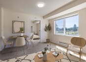 Thumbnail 7 of 27 - a living room with a table and chairs and a large window