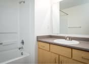 Thumbnail 48 of 50 - a bathroom with a sink and a shower and a mirror at Quail Run Apartments, Vancouver, 98684