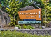 Thumbnail 1 of 46 - a sign for trouble terrace in front of some trees at Troutdale Terrace, Troutdale