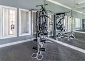 Thumbnail 10 of 24 - A well-equipped gym with a mirrored wall and various exercise machines at The Villages on Millenia Apartments, Orlando, FL, 32839