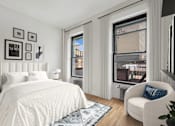 Thumbnail 3 of 9 - A bedroom with a large bed and a window overlooking a city.