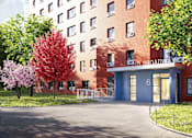 Thumbnail 1 of 9 - A red brick building with a blue door and windows.