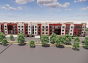 Thumbnail 2 of 7 - A 3D rendering of a row of townhouses with trees in front at Vintage at Lockwood Apartments, Oxnard, CA