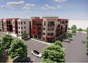 Thumbnail 1 of 7 - A rendering of a modern apartment complex with a parking lot in front. at Vintage at Lockwood Apartments, Oxnard, CA, 93036