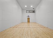 Thumbnail 38 of 47 - A squash court with a wooden floor and a net.