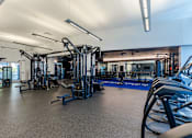 Thumbnail 20 of 24 - A gym with a variety of equipment including treadmills, weights, and exercise machines.