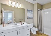 Thumbnail 10 of 46 - bathroom with white vanity and tub shower
