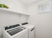 Thumbnail 32 of 45 - A small laundry room with a washer and dryer.