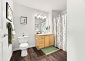 Thumbnail 20 of 47 - A white toilet sits in a bathroom with a wooden floor and a green rug.