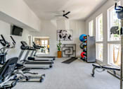 Thumbnail 13 of 34 - A spacious home gym with treadmills, exercise equipment, and a television.
