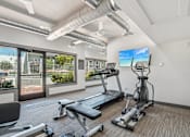 Thumbnail 11 of 34 - A gym with treadmills, elliptical machines, and a flat screen TV.