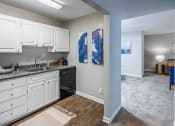 Thumbnail 1 of 40 - Grand Arbor Reserve Apartments in Raleigh, NC photo of a kitchen with white cabinets and a black dishwasher