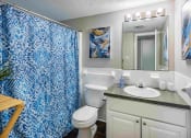 Thumbnail 7 of 40 - Grand Arbor Reserve Apartments in Raleigh, NC photo of a bathroom with a blue and white shower curtain