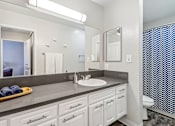 Thumbnail 9 of 32 - A bathroom with a sink, mirror, and a shower curtain.
