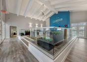 Thumbnail 20 of 25 - Pet-Friendly Apartments in Sandy Springs – Celebration at Sandy Springs - a lobby with a glass display case and a blue sign
