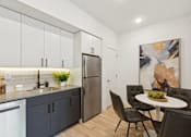 Thumbnail 18 of 65 - A modern kitchen with a dining table set for two.