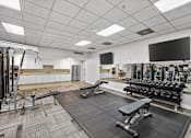 Thumbnail 61 of 66 - A gym with a variety of equipment including a bench press, a squat rack, and a television.