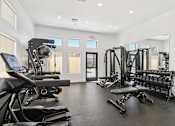 Thumbnail 40 of 45 - A spacious gym with a variety of equipment including treadmills, weight machines, and a bench press.