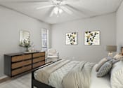 Thumbnail 11 of 25 - A bedroom with a bed, dresser, and two wall art pieces.