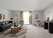 Thumbnail 7 of 23 - A modern living room with a grey sofa, a wooden coffee table, and a large window with curtains.
