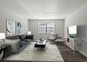 Thumbnail 5 of 23 - Element at 4411 Macon Apartments A living room with a grey couch, a coffee table, a television, and a window with blinds.