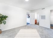 Thumbnail 5 of 17 - an empty living room with a rug and a bathroom in the background