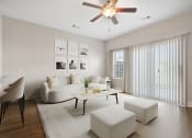 Thumbnail 2 of 28 - Omnia at Richmond Hill Townhomes in Georgia photo of living room with hardwood floors and ceiling fan
