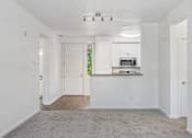 Thumbnail 7 of 24 - A spacious room with a grey carpet and a kitchen area with a microwave and oven.