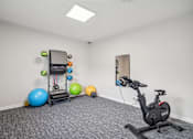 Thumbnail 30 of 40 - A room with a stationary bike, a mirror, and exercise balls.