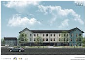 Thumbnail 1 of 2 - A rendering of a modern North Bend Family Housing complex.
