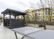 Thumbnail 10 of 16 - A ping pong table is in the middle of a patio.