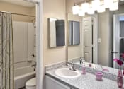 Thumbnail 9 of 16 - Greentree Apartments in Savannah, GA photo of a bathroom with a sink and a shower and a mirror