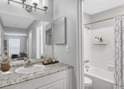 Thumbnail 14 of 16 - Affinitee at Stone Mountain Apartments photo of a bathroom with a sink and a mirror