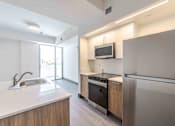 Thumbnail 9 of 37 - Pet-friendly home featuring a modern kitchen with a built-in microwave, refrigerator, and stove in a Miami Beach apartment.