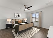 Thumbnail 21 of 35 - A bedroom with a bed, nightstand, and a ceiling fan.