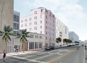 Thumbnail 7 of 9 - Miami Beach Apartments – The Anamar at Collins Park – a rendering of a pink building on a city street
