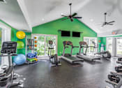 Thumbnail 3 of 15 - Apartments in Geneva, IL for Rent- Ashford at Geneva-  A gym with a green wall and various exercise equipment.