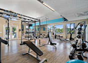 Thumbnail 20 of 29 - A gym with a variety of equipment including a bench press, a squat rack, and a rowing machine.