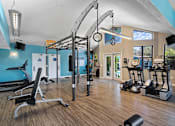 Thumbnail 19 of 29 - A gym with a variety of equipment including a treadmill, weights, and a pull up bar.